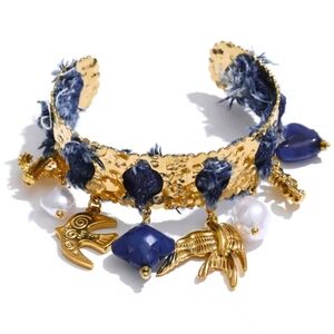 New Free People Wanderlust 18K Gold Ss  Charm Denim Cuff Bracelet